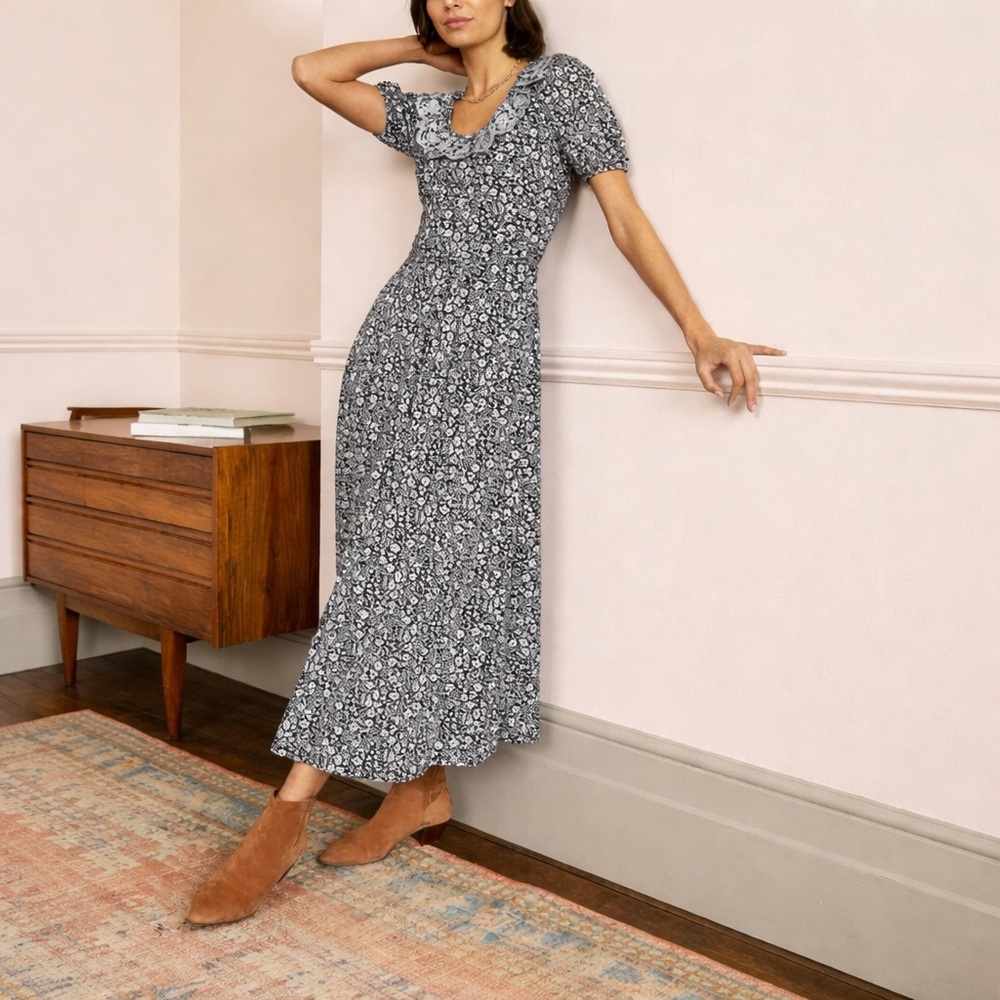 Boden Us 2r Trim Detail Jersey Midi Dress Navy Blue Floral 0521